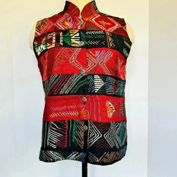 Vintage red and black  embroidered cotton vest - Picture 3 of 11